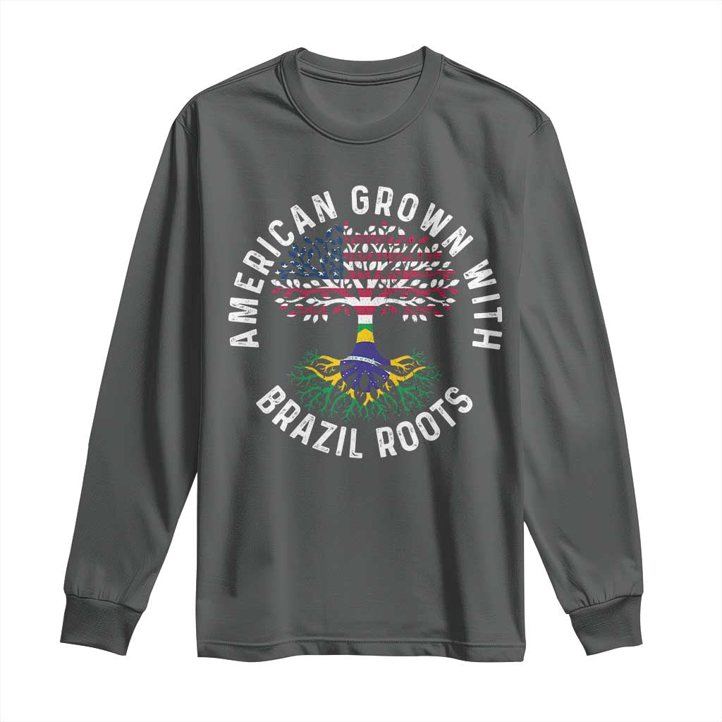 Brazilian Roots American Grown Tree Flag Long Sleeve Shirt TS14 Dark Heather Print Your Wear