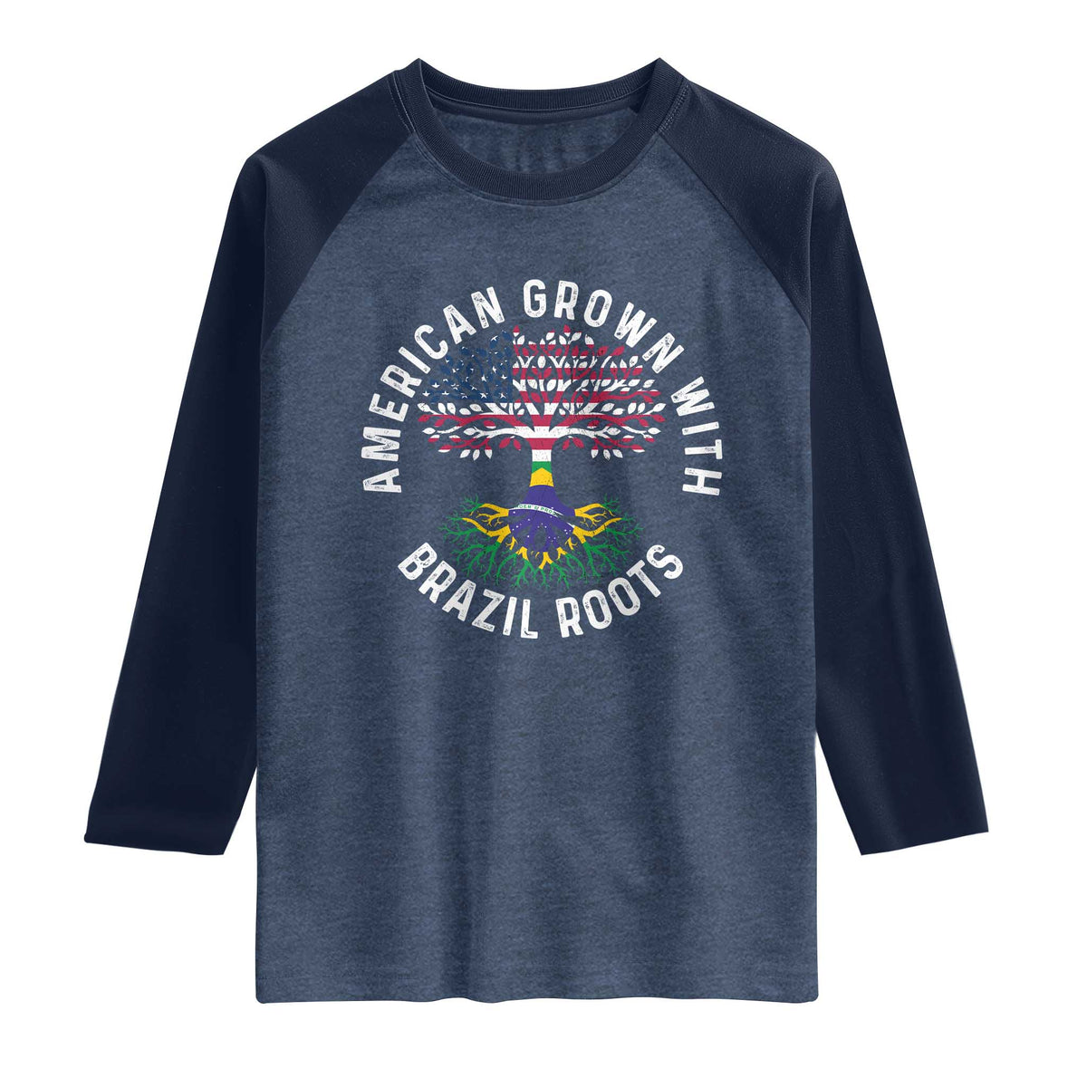 Brazilian Roots American Grown Tree Flag Raglan Shirt TS14 Heather Denim Navy Print Your Wear