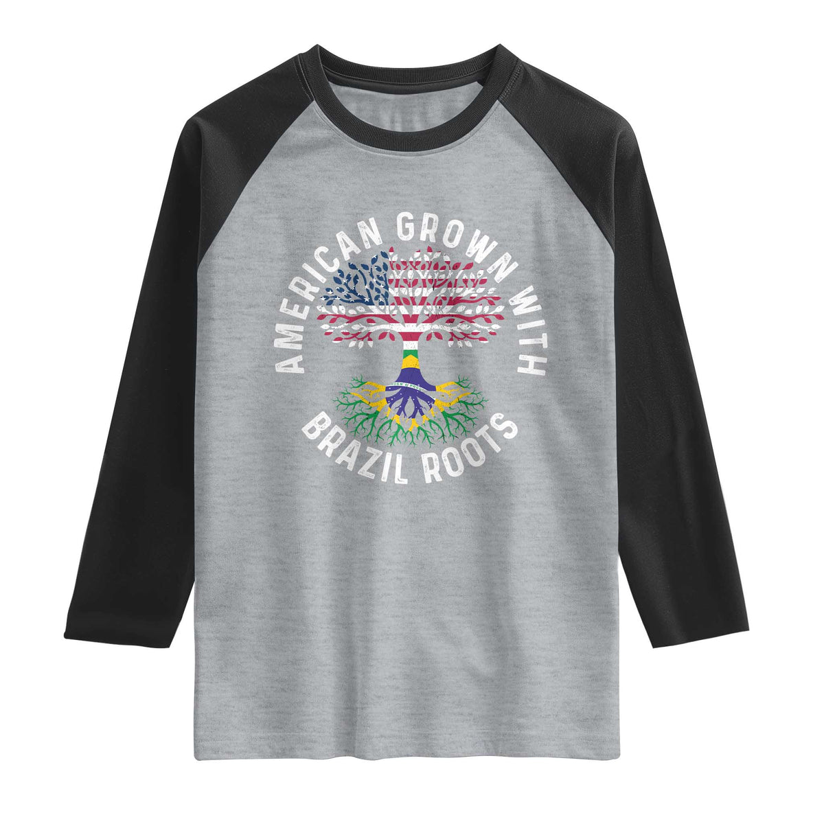 Brazilian Roots American Grown Tree Flag Raglan Shirt TS14 Heather Gray Black Print Your Wear