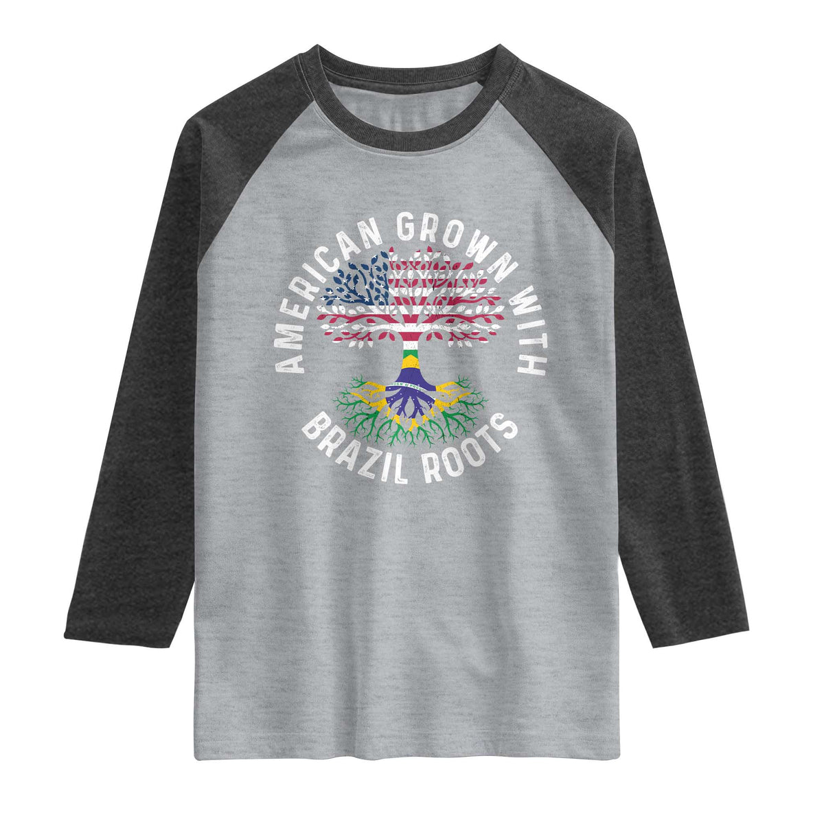 Brazilian Roots American Grown Tree Flag Raglan Shirt TS14 Heather Gray Heather Charcoal Print Your Wear
