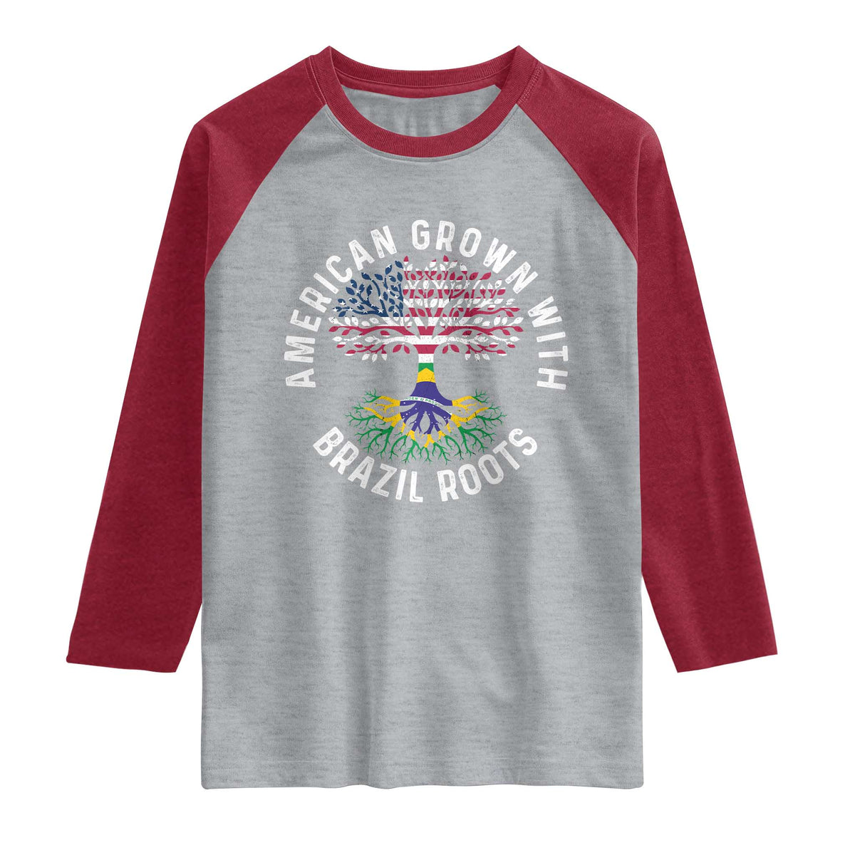 Brazilian Roots American Grown Tree Flag Raglan Shirt TS14 Heather Gray Heather Red Print Your Wear
