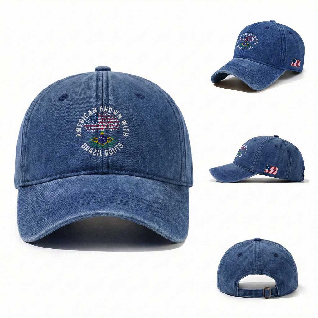 Brazilian Roots American Grown Tree Flag Washed Cotton Baseball Cap TS14 Washed Cap Universal Fit Royal Blue Print Your Wear