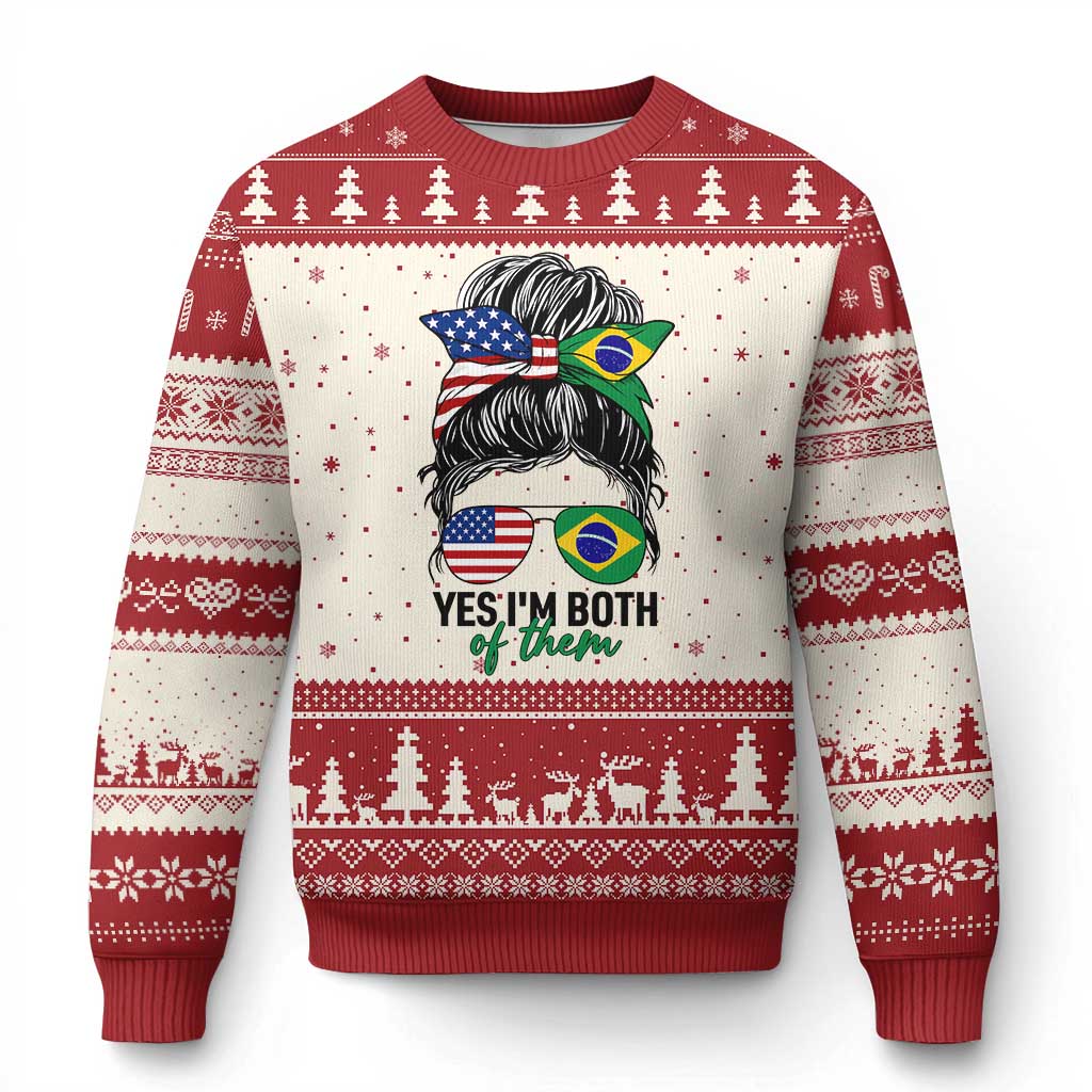 Half American And Brazilian America Brazil Brasil Flag Girl Ugly Christmas Sweater Yes I'm Both of Them TS14 Beige Red Print Your Wear