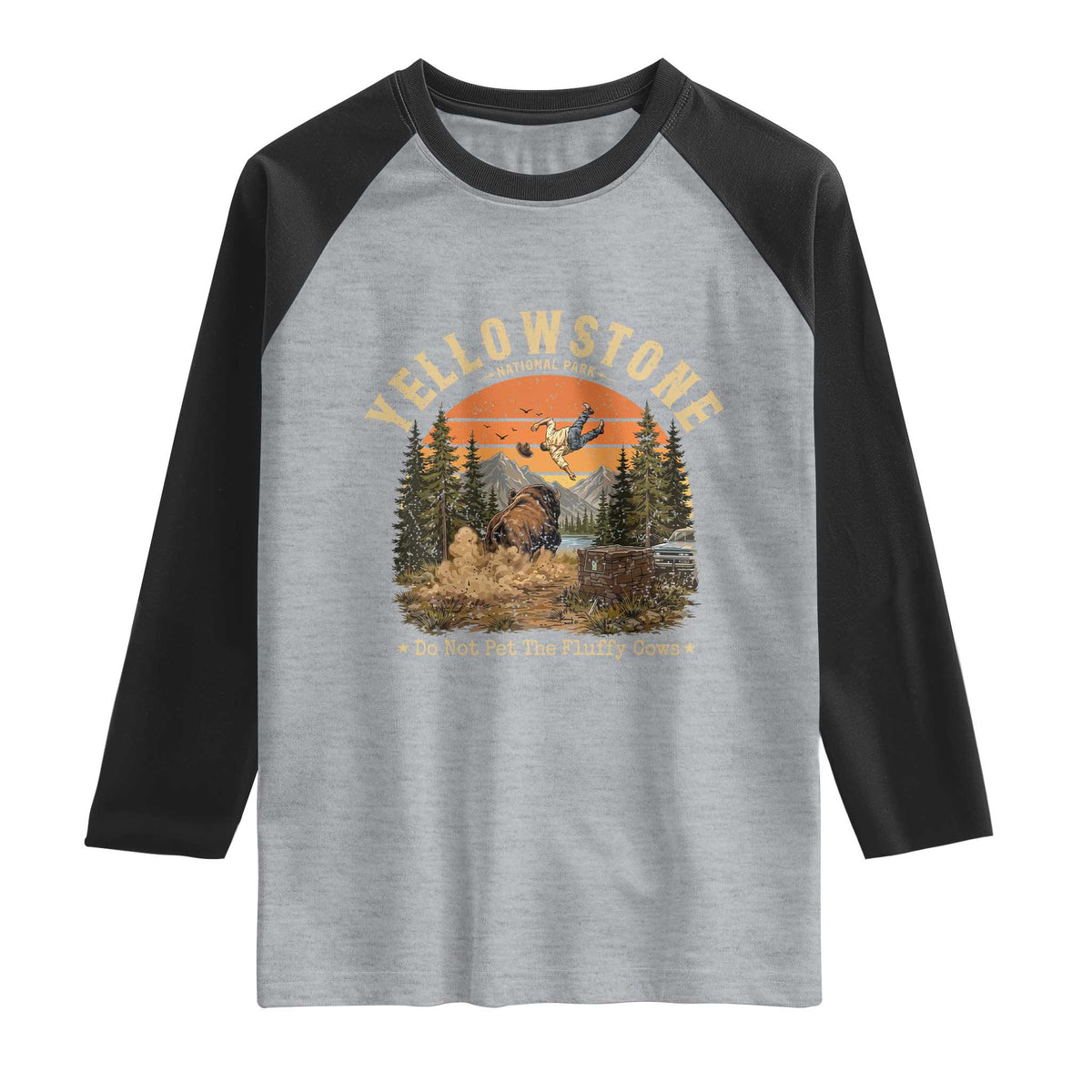 Yellowstone Do Not Pet The Fluffy Cows Raglan Shirt Funny Bison Meme Wildlife Lover Gift TS14 Heather Gray Black Print Your Wear