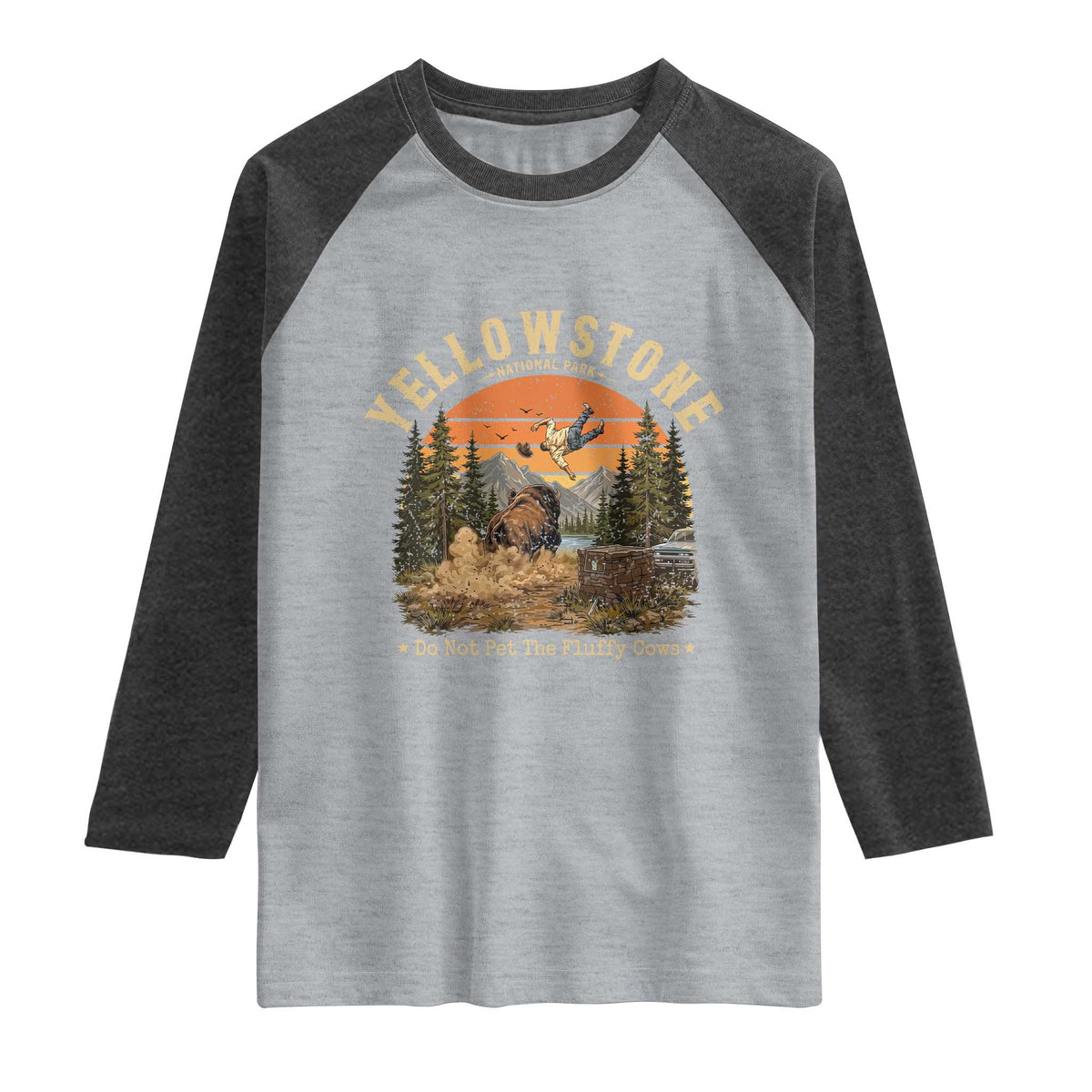 Yellowstone Do Not Pet The Fluffy Cows Raglan Shirt Funny Bison Meme Wildlife Lover Gift TS14 Heather Gray Heather Charcoal Print Your Wear