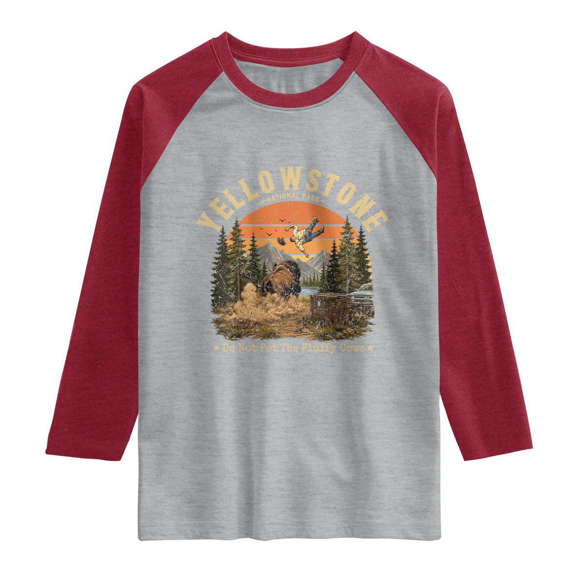 Yellowstone Do Not Pet The Fluffy Cows Raglan Shirt Funny Bison Meme Wildlife Lover Gift TS14 Heather Gray Heather Red Print Your Wear
