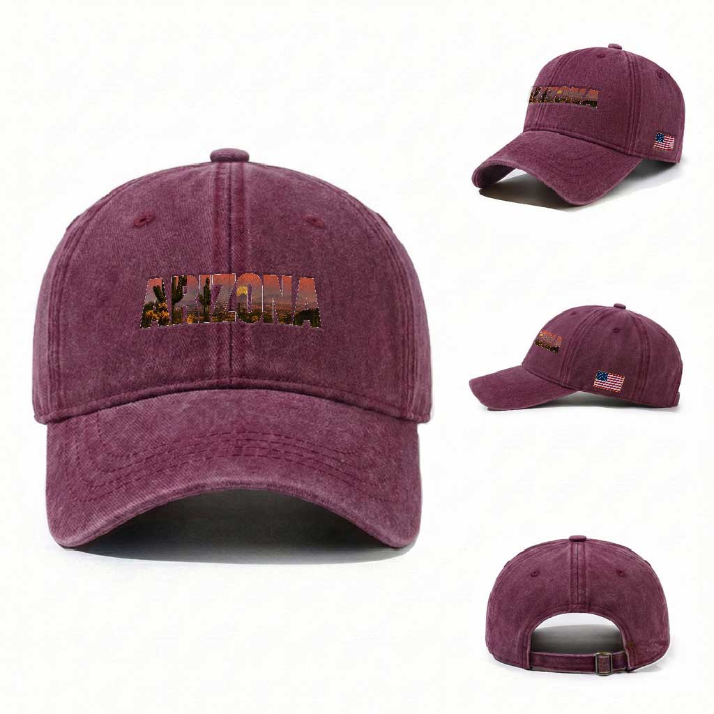 Arizona Photo Landscape Cactus Dessert Mountains Nature Washed Cotton Baseball Cap TS14 Washed Cap Universal Fit Burgundy Print Your Wear