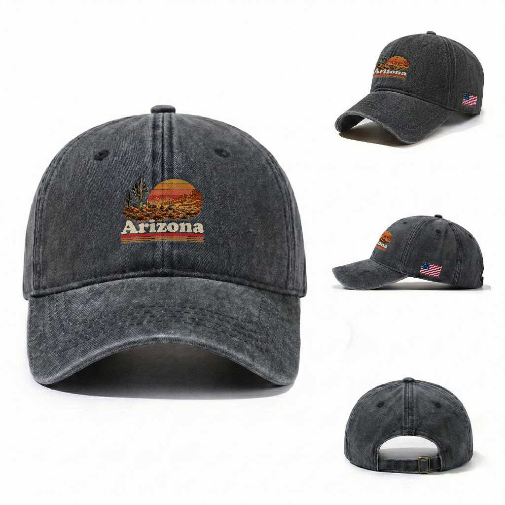 Arizona Desert Sunset Saguaro Cactus Mountains Nature Lover Washed Cotton Baseball Cap TS14 Washed Cap Universal Fit Dark Gray Print Your Wear
