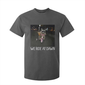 We Ride at Dawn T Shirt For Kid Funny Racoon Riding Tricycle Chaotic Meme TS14 Dark Heather Print Your Wear