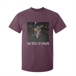We Ride at Dawn T Shirt For Kid Funny Racoon Riding Tricycle Chaotic Meme TS14 Maroon Print Your Wear