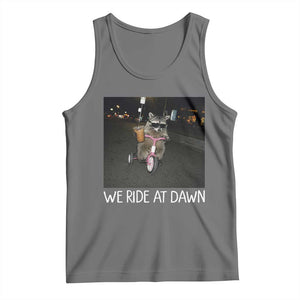 We Ride at Dawn Tank Top Funny Racoon Riding Tricycle Chaotic Meme TS14 Black Heather Print Your Wear
