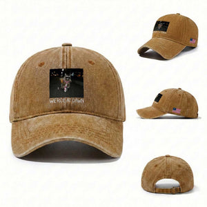 We Ride at Dawn Washed Cotton Baseball Cap Funny Racoon Riding Tricycle Chaotic Meme TS14 Washed Cap Universal Fit Yellow Ochre Print Your Wear