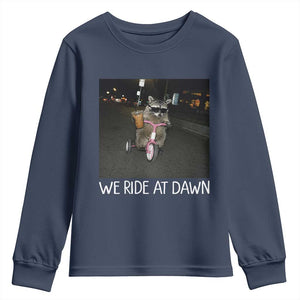 We Ride at Dawn Youth Sweatshirt Funny Racoon Riding Tricycle Chaotic Meme TS14 Navy Print Your Wear