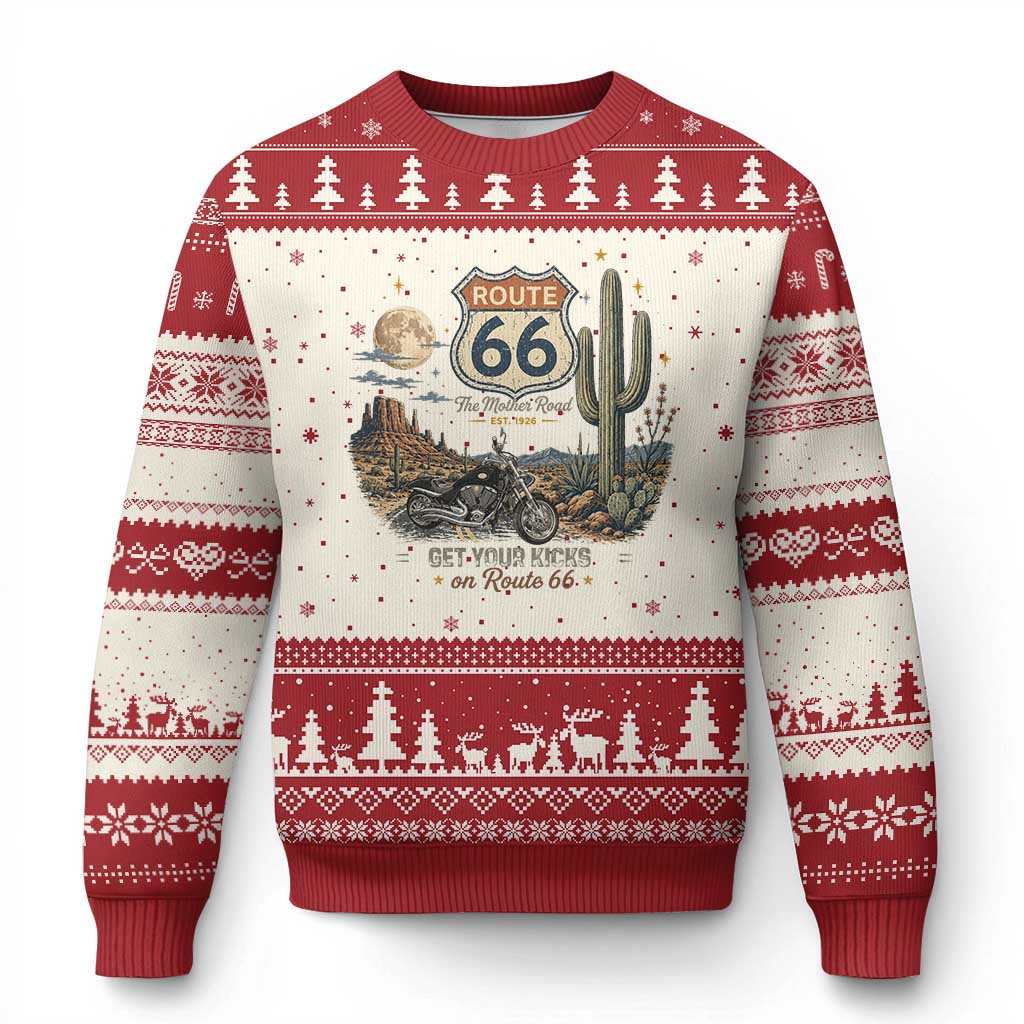 Route Highway 66 Get Your Kicks Centennial Road Trip Ugly Christmas Sweater Vintage 1976 American Cruiser Motorcycle Lover 100th Anniversary Gift TS14 Beige Red Print Your Wear