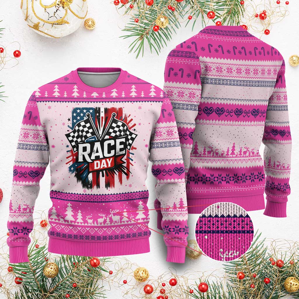 Checkered Flag Racing Ugly Christmas Sweater Race Day Team Lover TS14 Hot Pink Print Your Wear