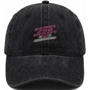 Racing Girl Washed Cotton Baseball Cap Move Over Boys Funny Quote TS14 Washed Cap Universal Fit Black Print Your Wear