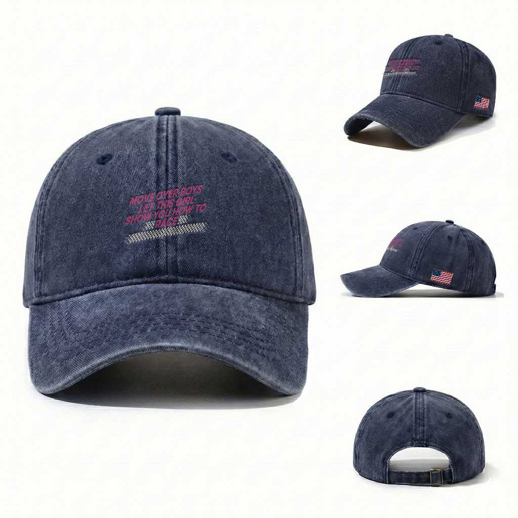 Racing Girl Washed Cotton Baseball Cap Move Over Boys Funny Quote TS14 Washed Cap Universal Fit Navy Print Your Wear