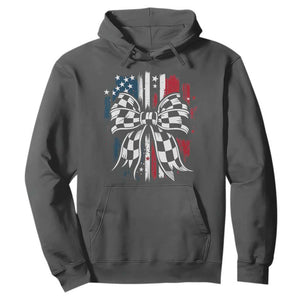 Patriotic Coquette Bow Checkered Flag Race Car Racing Hoodie TS14 Dark Heather Print Your Wear