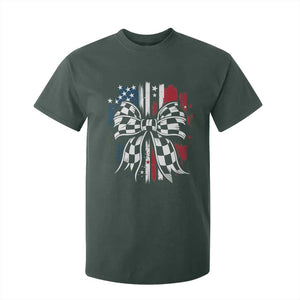 Patriotic Coquette Bow Checkered Flag Race Car Racing T Shirt For Kid TS14 Dark Forest Green Print Your Wear