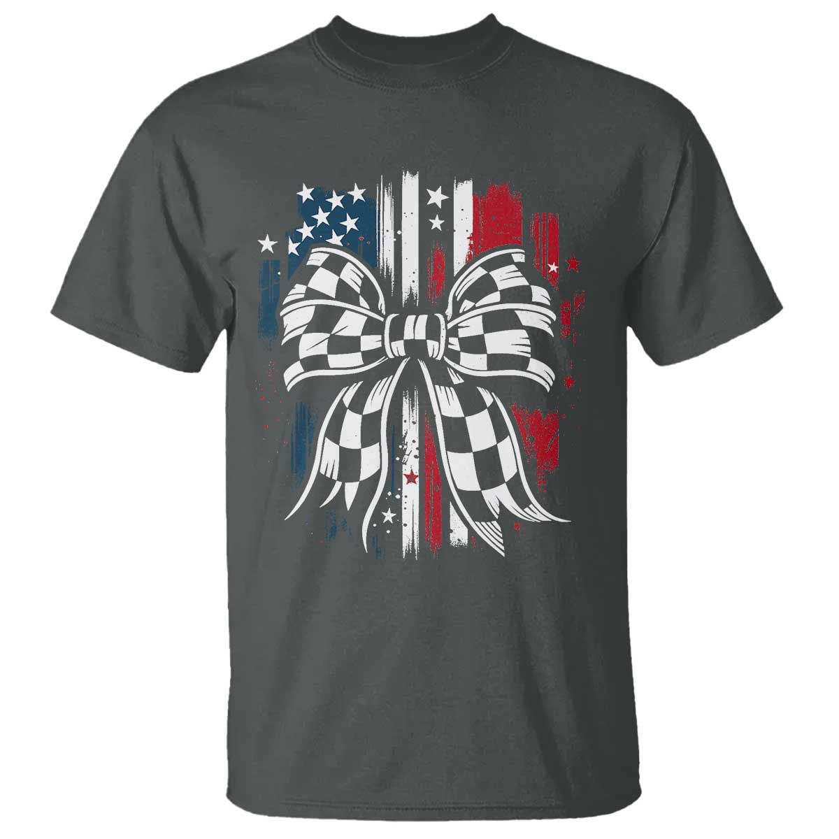Patriotic Coquette Bow Checkered Flag Race Car Racing T Shirt TS14 Dark Heather Print Your Wear