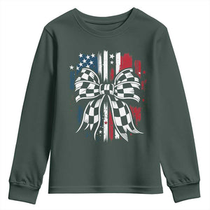 Patriotic Coquette Bow Checkered Flag Race Car Racing Youth Sweatshirt TS14 Dark Forest Green Print Your Wear