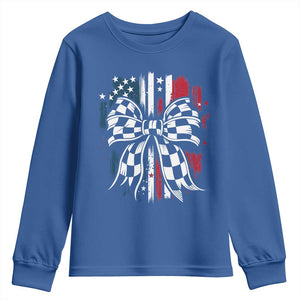Patriotic Coquette Bow Checkered Flag Race Car Racing Youth Sweatshirt TS14 Royal Blue Print Your Wear