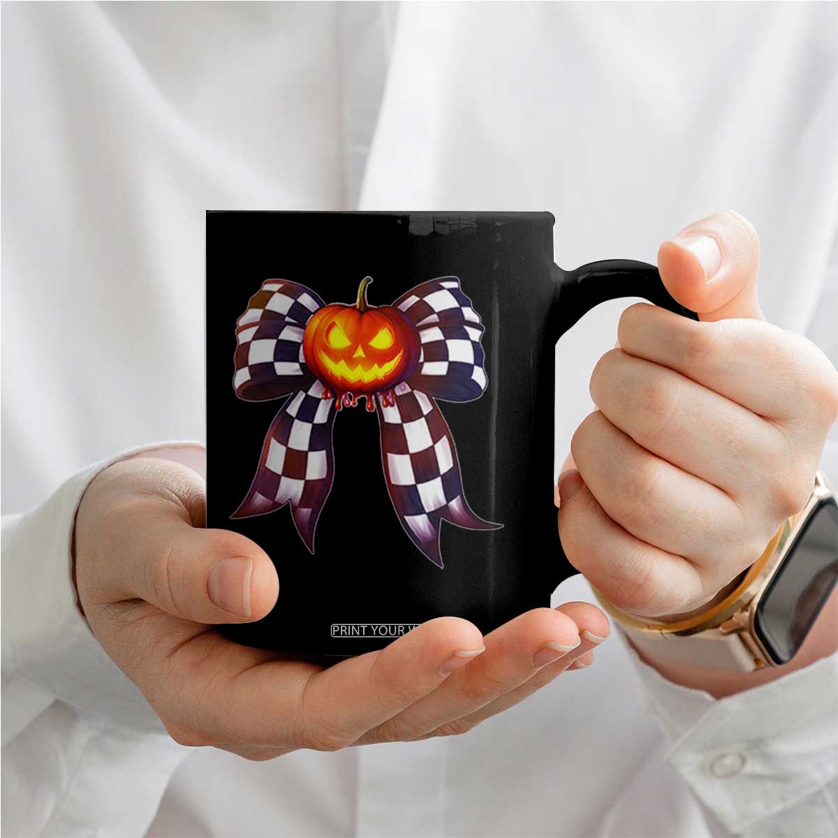 Race Car Halloween Coffee Mug Pumpkin Checkered Coquette Bow TS14 Print Your Wear