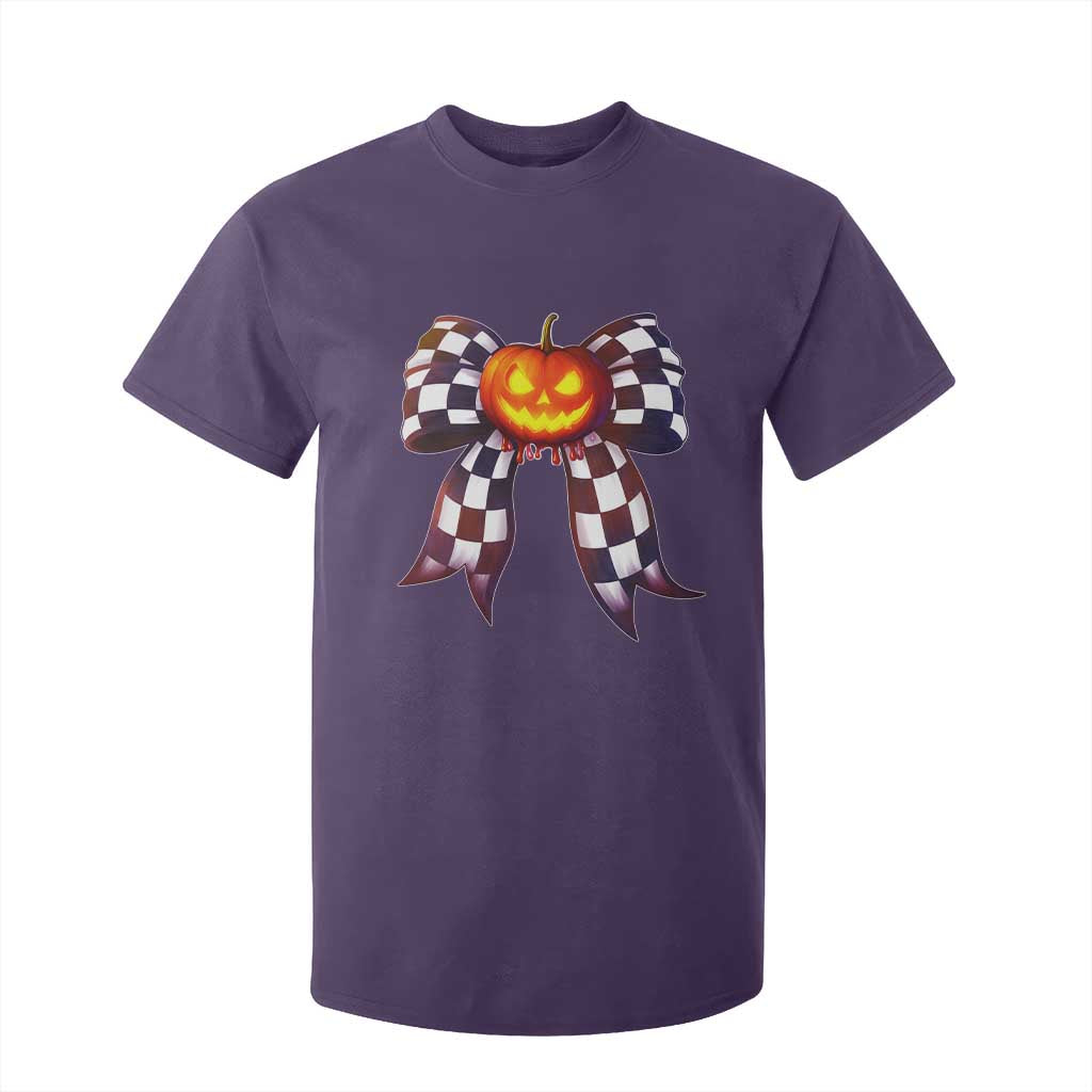 Race Car Halloween T Shirt For Kid Pumpkin Checkered Coquette Bow TS14 Purple Print Your Wear