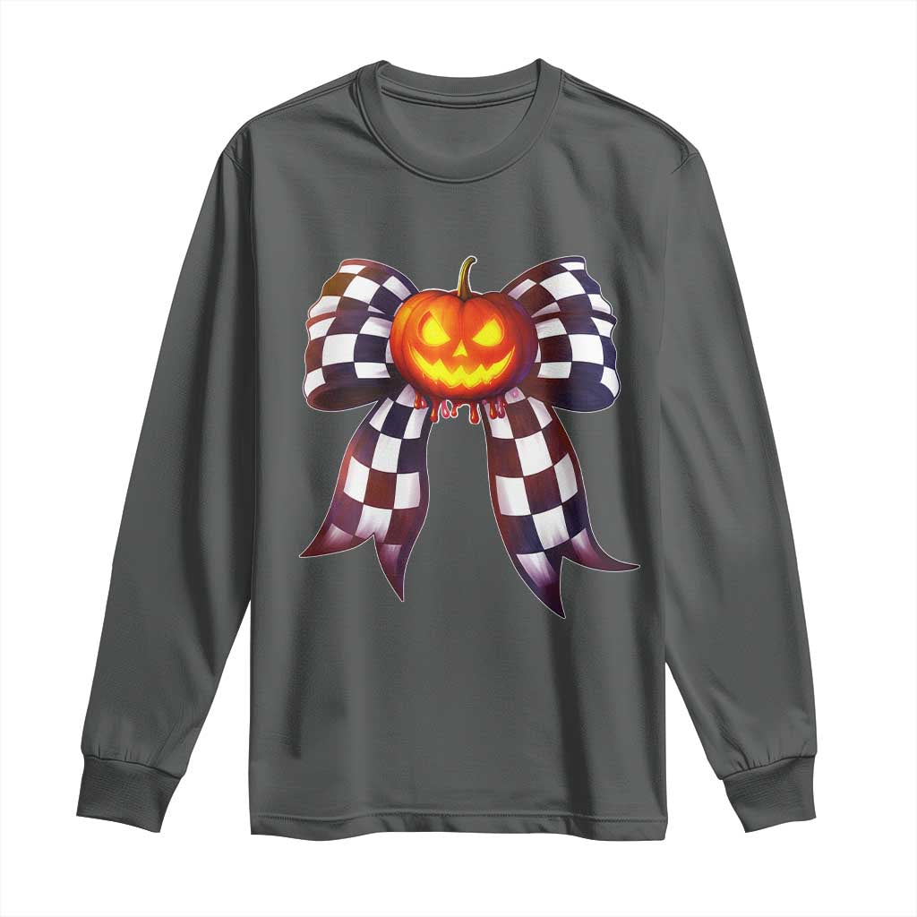 Race Car Halloween Long Sleeve Shirt Pumpkin Checkered Coquette Bow TS14 Dark Heather Print Your Wear