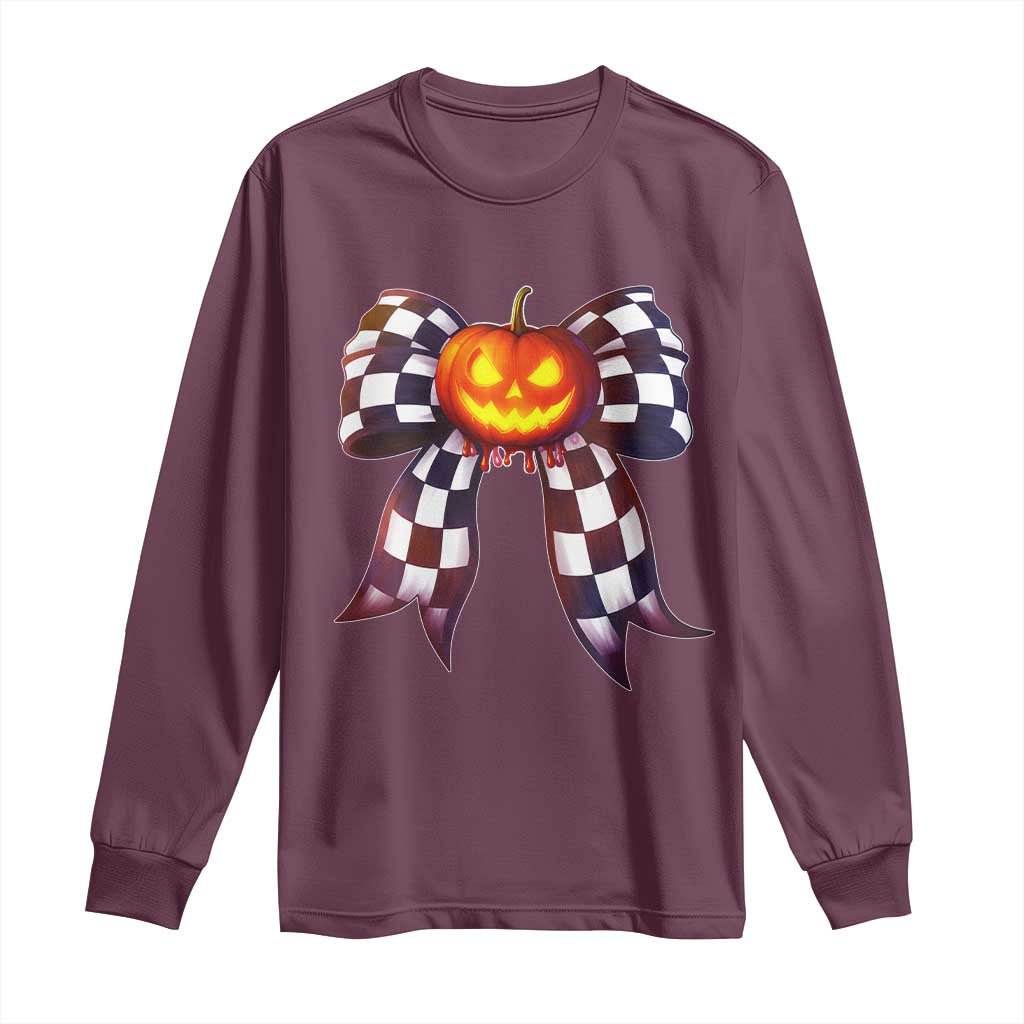 Race Car Halloween Long Sleeve Shirt Pumpkin Checkered Coquette Bow TS14 Maroon Print Your Wear