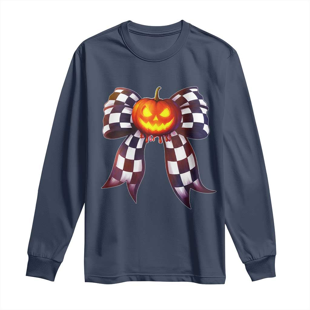 Race Car Halloween Long Sleeve Shirt Pumpkin Checkered Coquette Bow TS14 Navy Print Your Wear