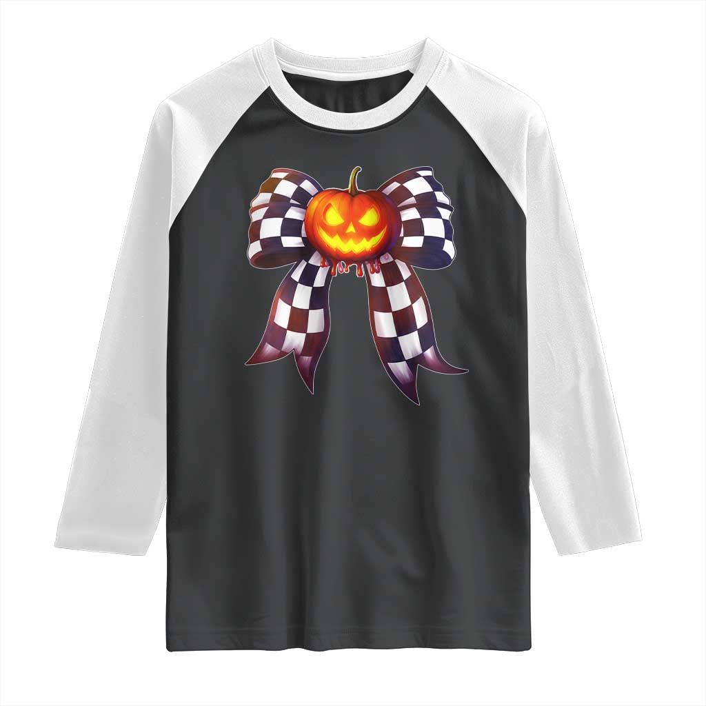 Race Car Halloween Raglan Shirt Pumpkin Checkered Coquette Bow TS14 Black White Print Your Wear