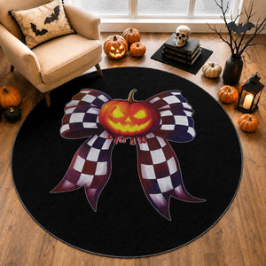 Race Car Halloween Round Rug Pumpkin Checkered Coquette Bow