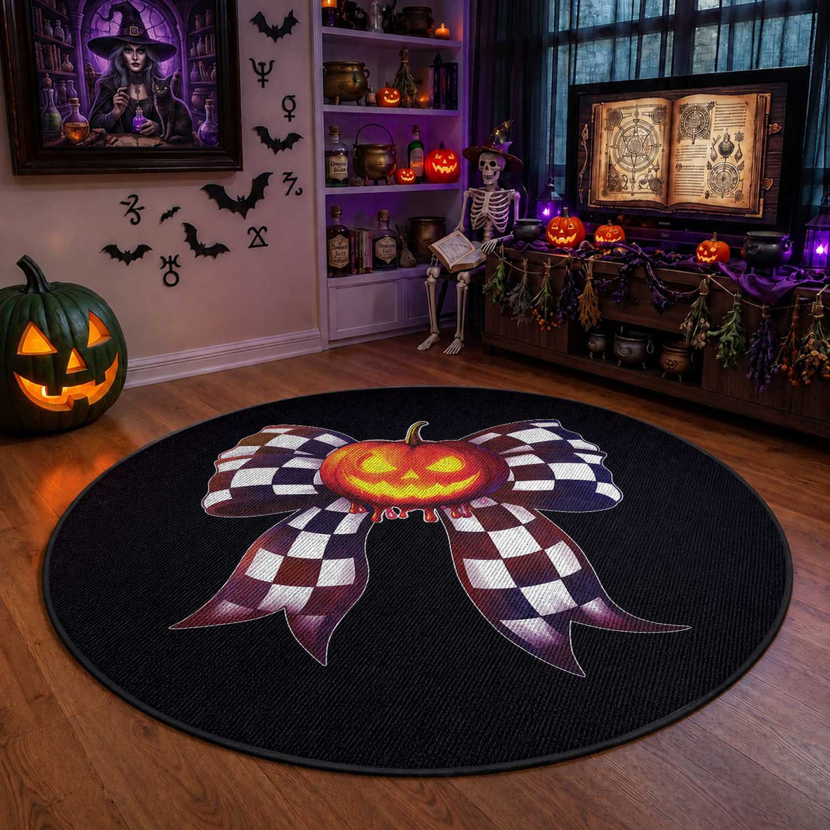 Race Car Halloween Round Rug Pumpkin Checkered Coquette Bow