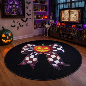 Race Car Halloween Round Rug Pumpkin Checkered Coquette Bow
