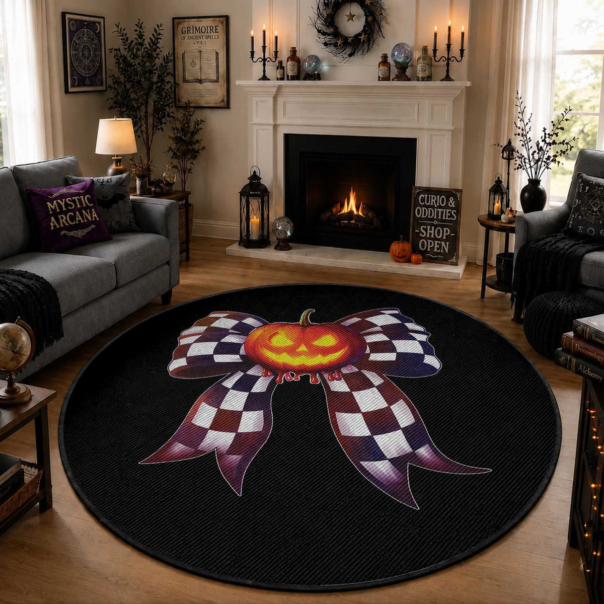 Race Car Halloween Round Rug Pumpkin Checkered Coquette Bow
