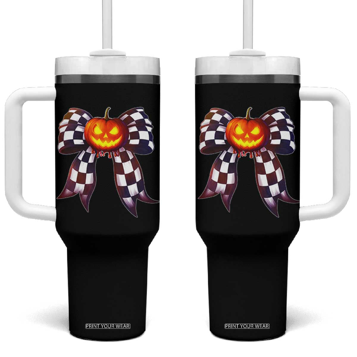 Race Car Halloween Tumbler With Handle Pumpkin Checkered Coquette Bow TS14 One Size: 40 oz Black Print Your Wear