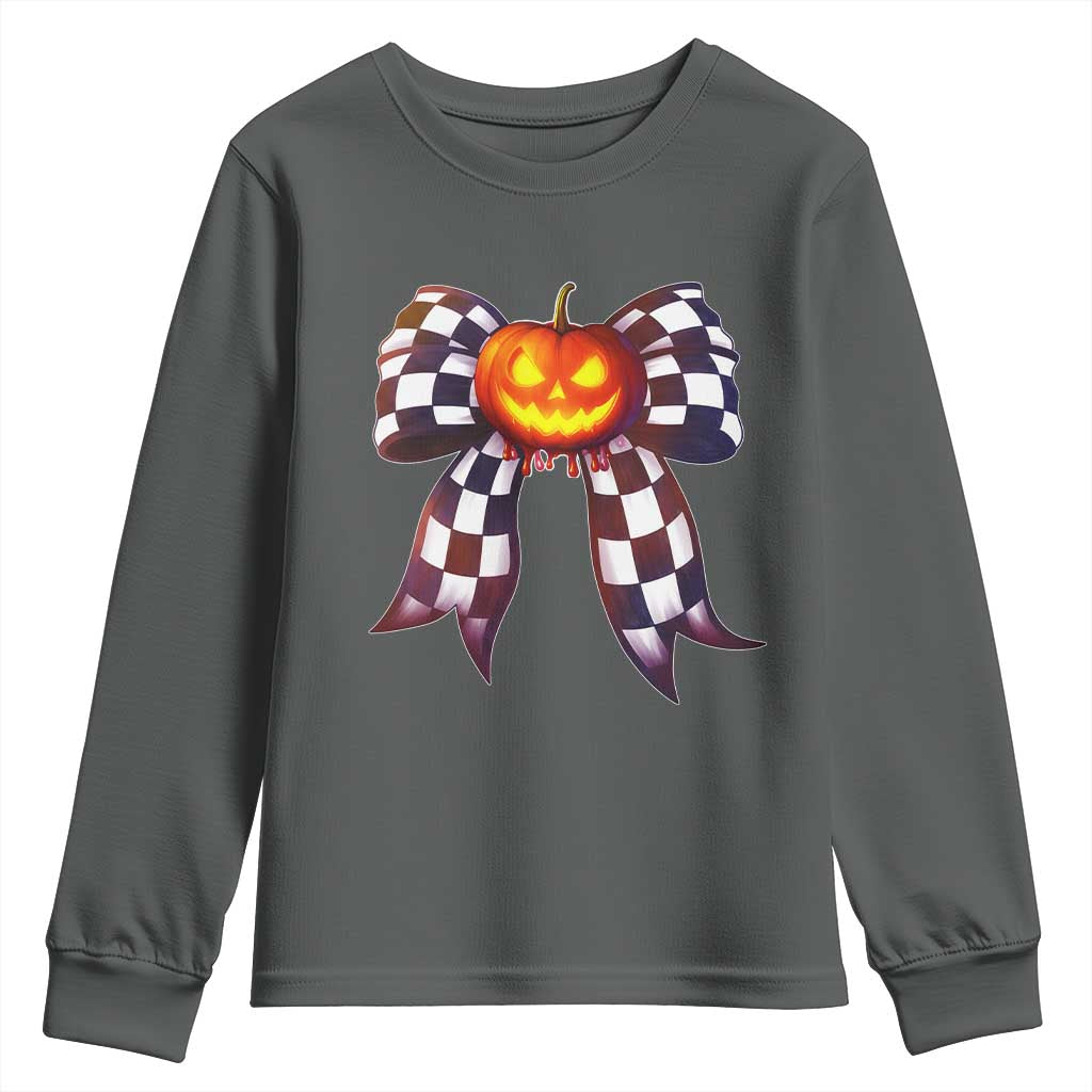 Race Car Halloween Youth Sweatshirt Pumpkin Checkered Coquette Bow TS14 Dark Heather Print Your Wear
