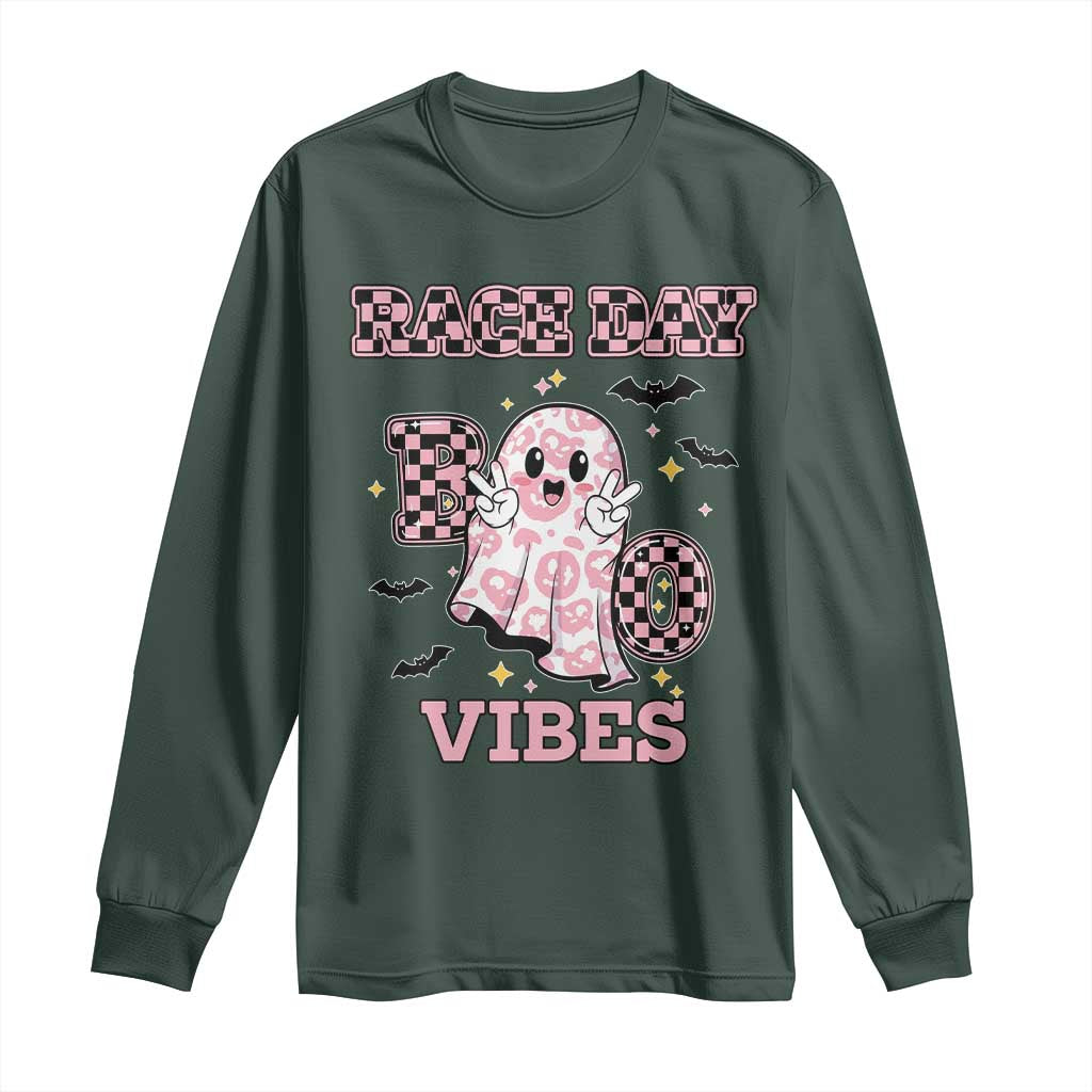 Race Car Halloween Long Sleeve Shirt Boo Checkered Coquette Bow TS14 Dark Forest Green Print Your Wear