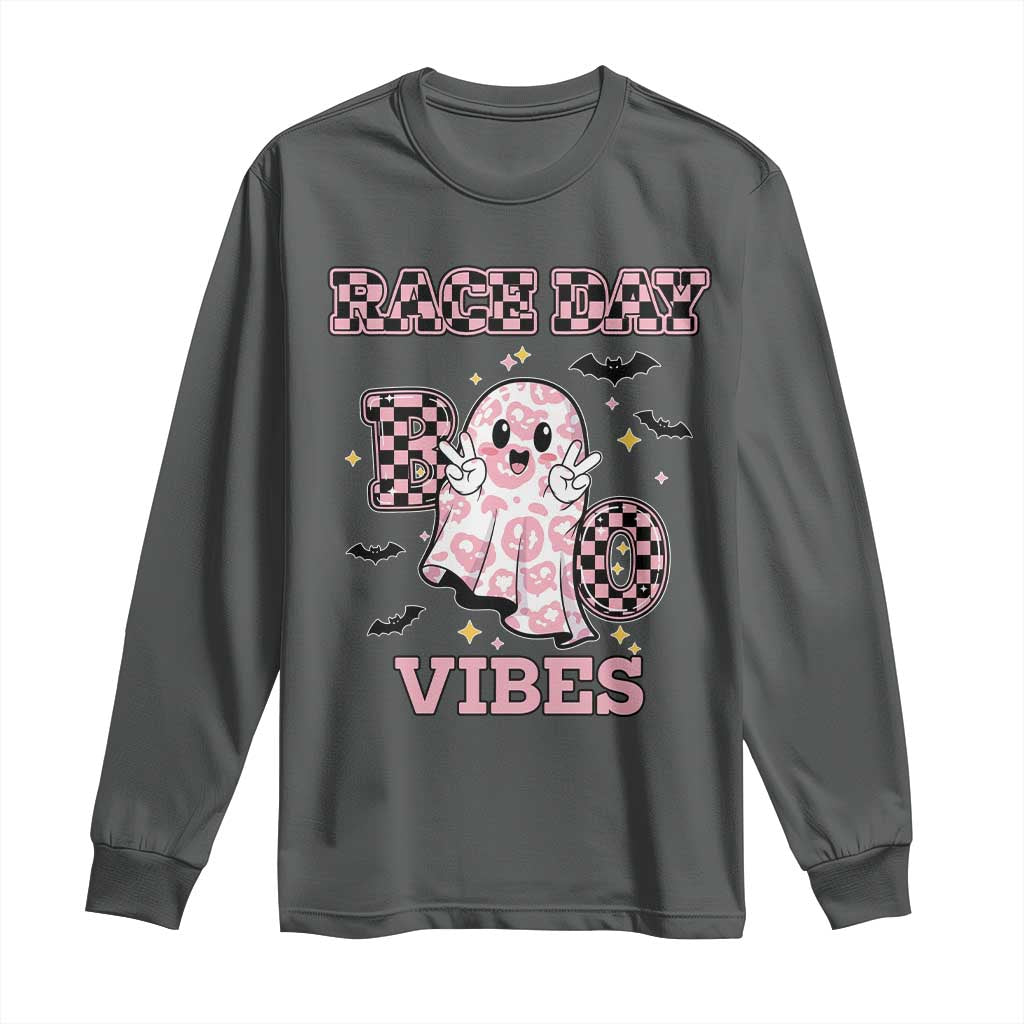 Race Car Halloween Long Sleeve Shirt Boo Checkered Coquette Bow TS14 Dark Heather Print Your Wear