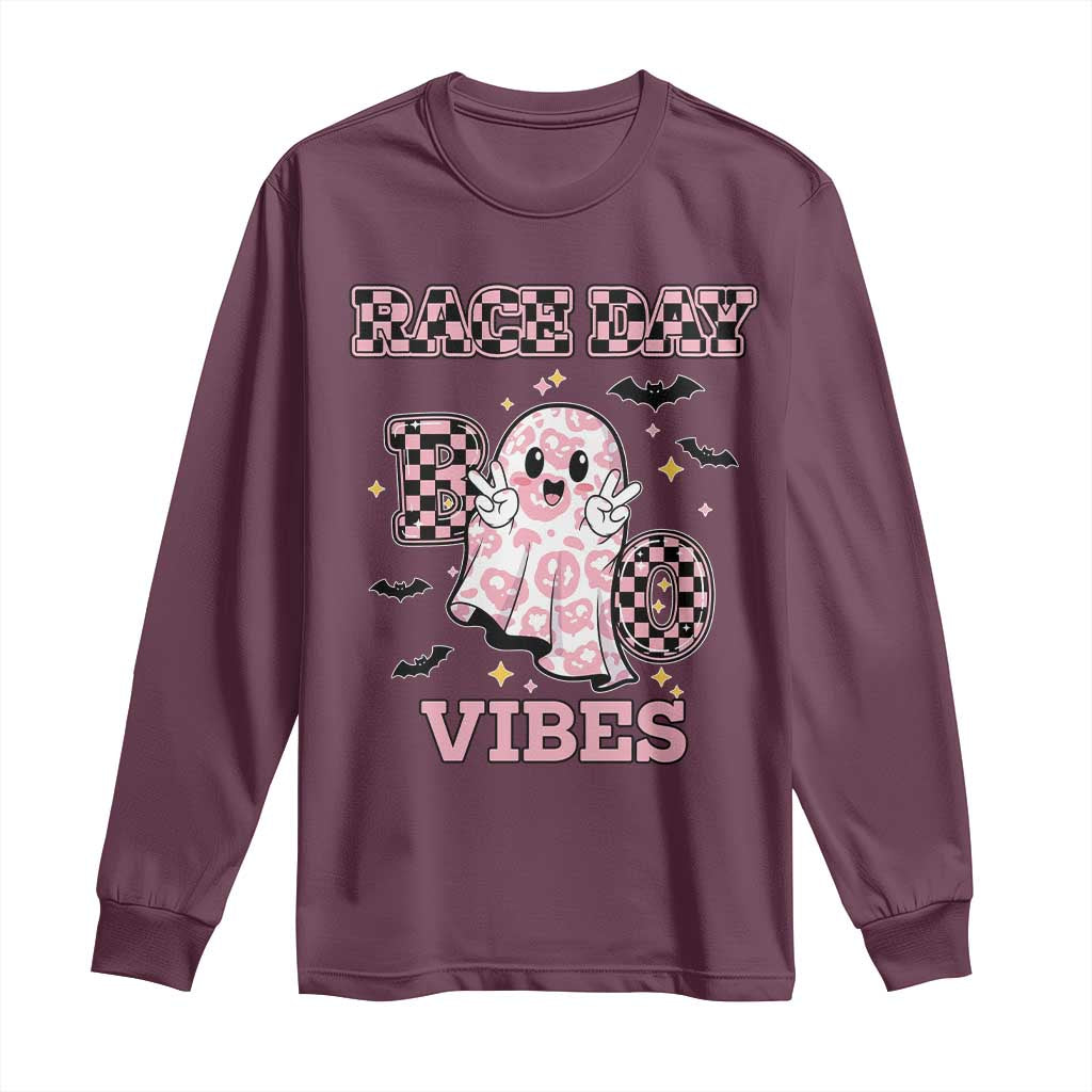 Race Car Halloween Long Sleeve Shirt Boo Checkered Coquette Bow TS14 Maroon Print Your Wear