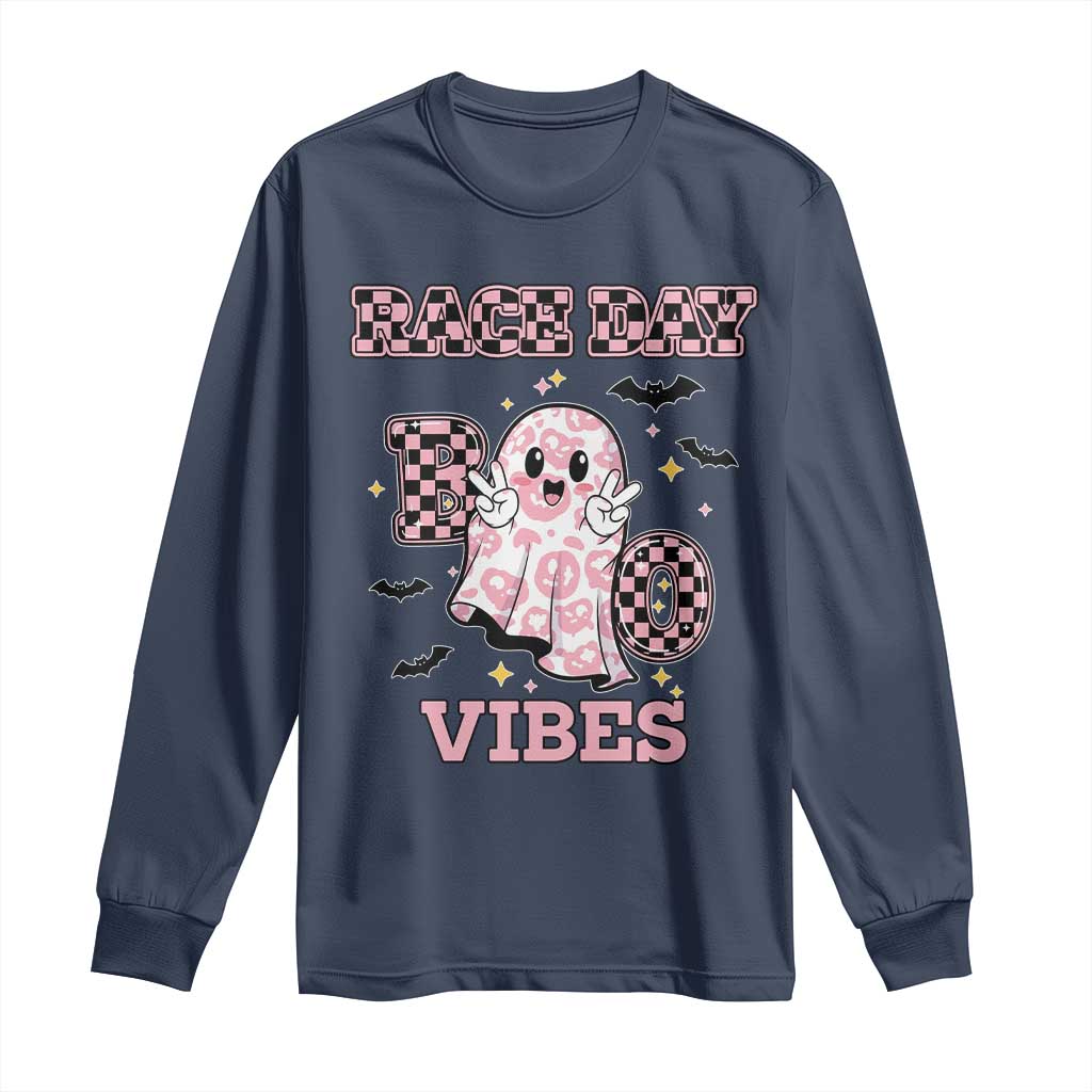 Race Car Halloween Long Sleeve Shirt Boo Checkered Coquette Bow TS14 Navy Print Your Wear