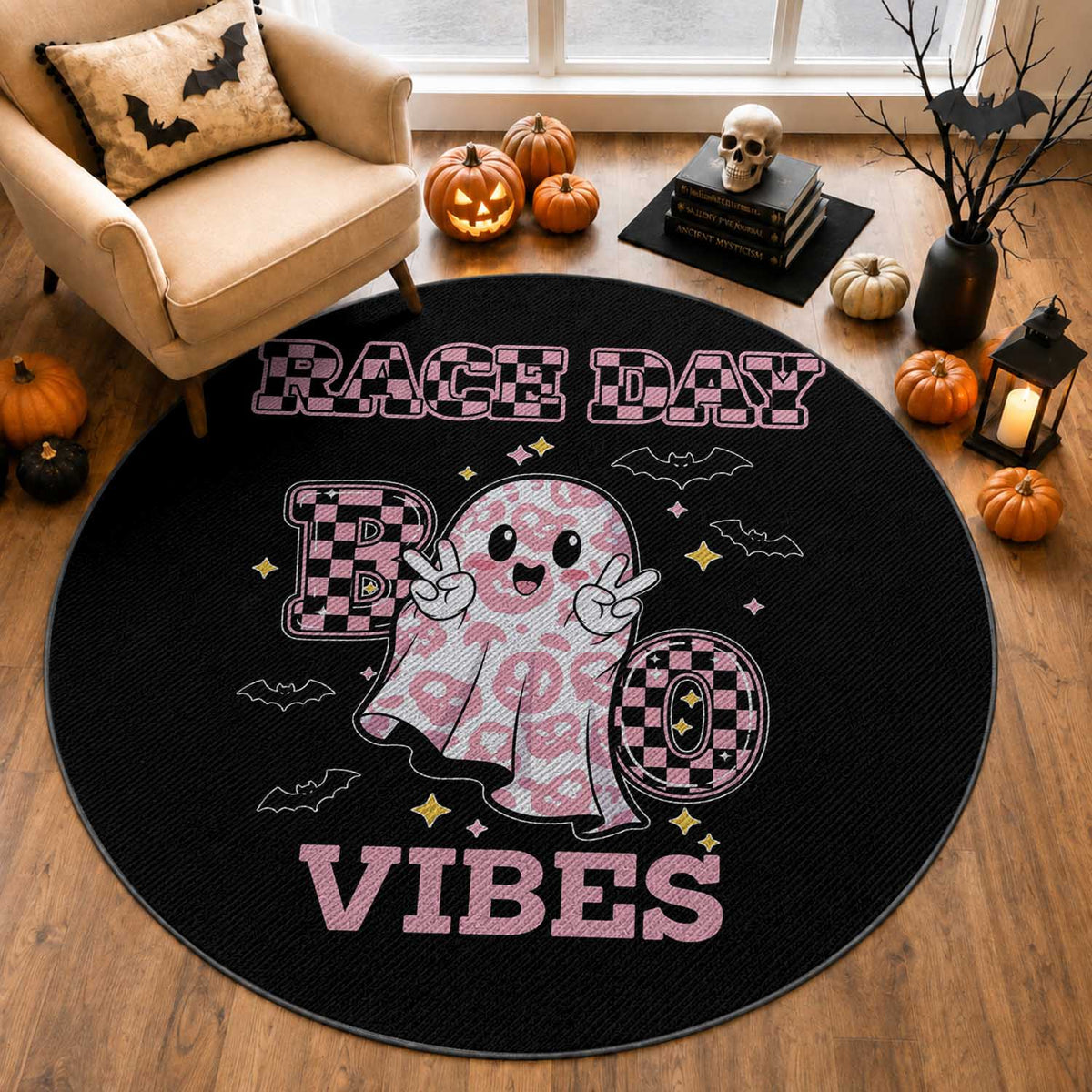 Race Car Halloween Round Rug Boo Checkered Coquette Bow