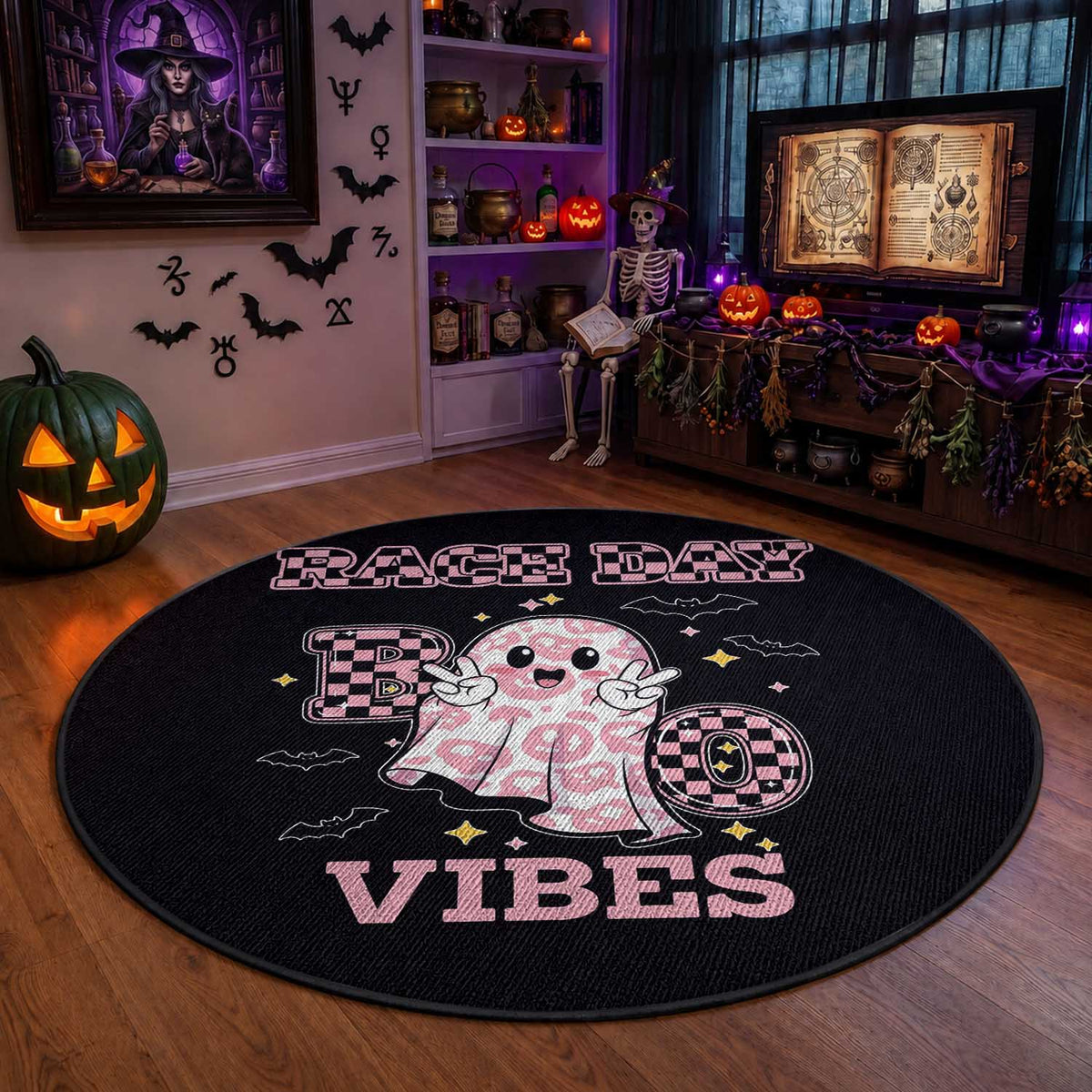 Race Car Halloween Round Rug Boo Checkered Coquette Bow