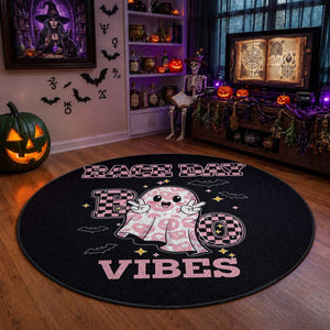 Race Car Halloween Round Rug Boo Checkered Coquette Bow