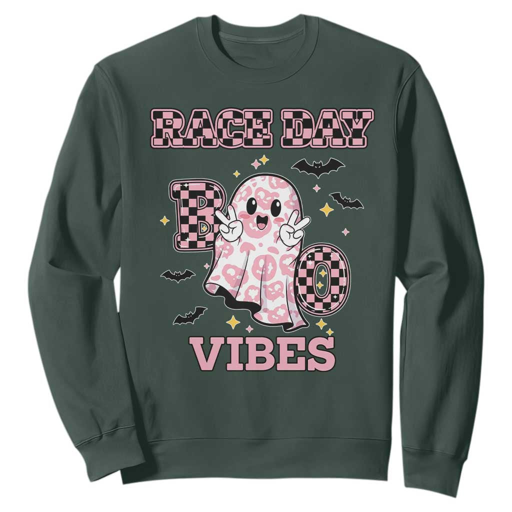 Race Car Halloween Sweatshirt Boo Checkered Coquette Bow TS14 Dark Forest Green Print Your Wear