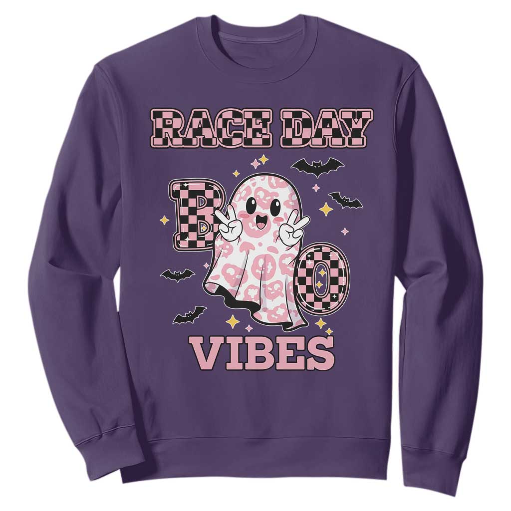 Race Car Halloween Sweatshirt Boo Checkered Coquette Bow TS14 Purple Print Your Wear