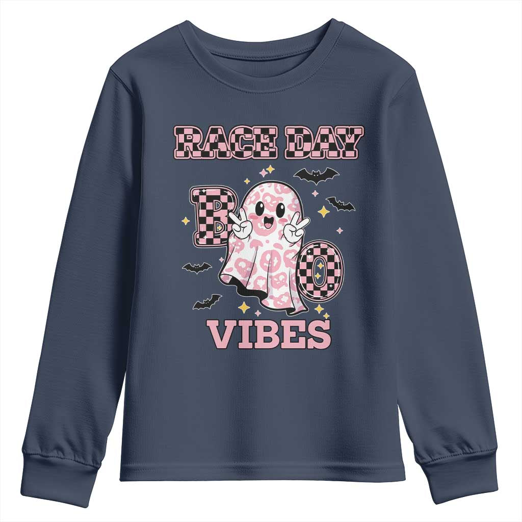 Race Car Halloween Youth Sweatshirt Boo Checkered Coquette Bow TS14 Navy Print Your Wear