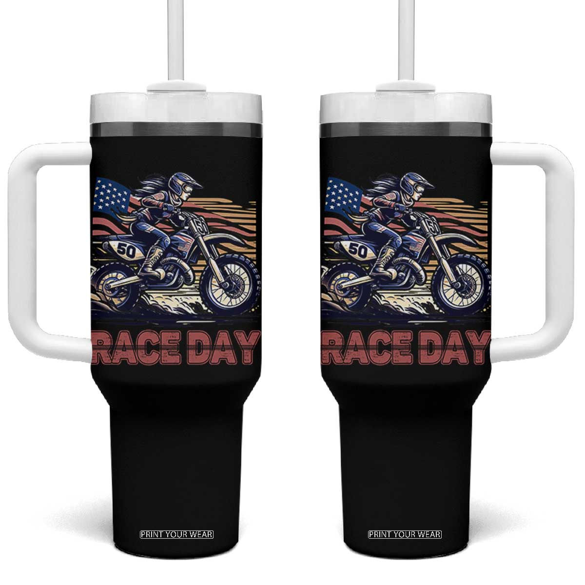 Dirt Bike Girl Tumbler With Handle Patriotic Motocross American Flag Racing TS14 One Size: 40 oz Black Print Your Wear