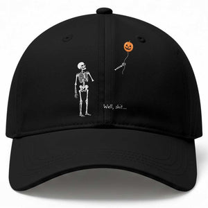 Well Shit Skeleton Holding Balloon Pumpkin Gothic Halloween Baseball Cap Funny Saying Quote